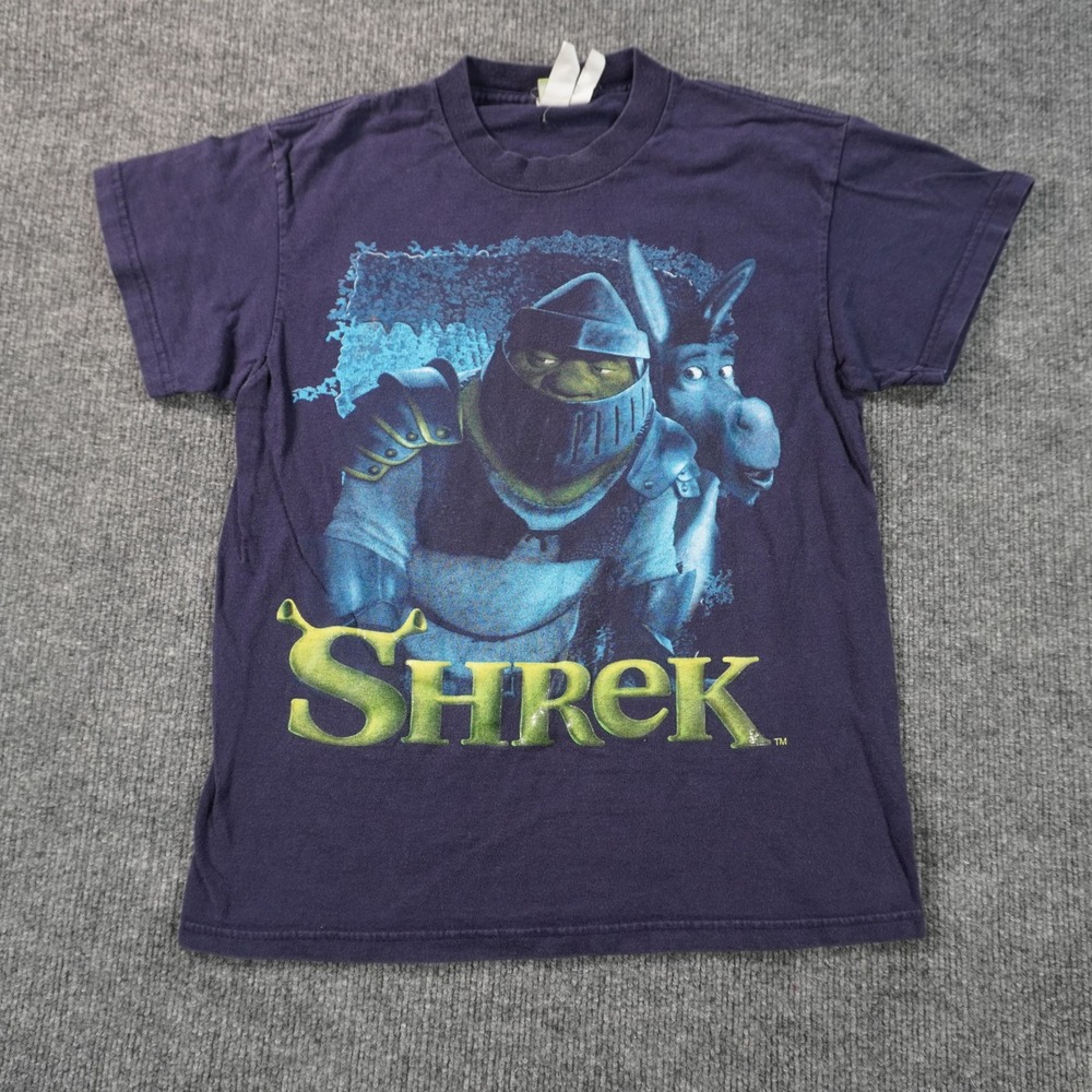 Shrek Graphic T-Shirt Kids Large Navy Blue Knight Shrek and Donkey Cotton Tee
